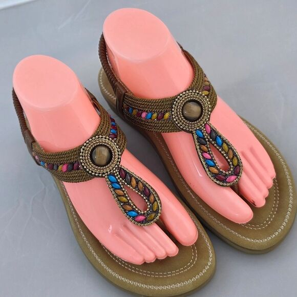 🩵⏭️NIB Brown Beaded Cushioned Boho Sandals Size 8 - Picture 4 of 12